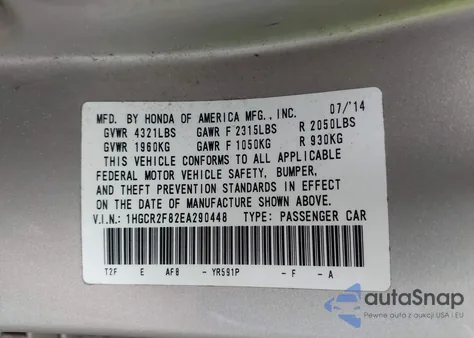 2014 Honda Accord Ex-L из США, поврежденный, VIN 1HGCR2F82EA290448